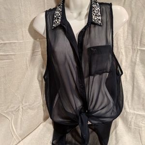 Embellished sheer tie front shirt